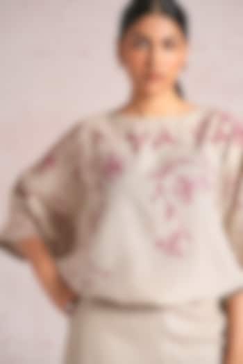 Natural Beige Linen Blend Floral Printed Tie-Up Top by Kaveri at Pernia's Pop Up Shop