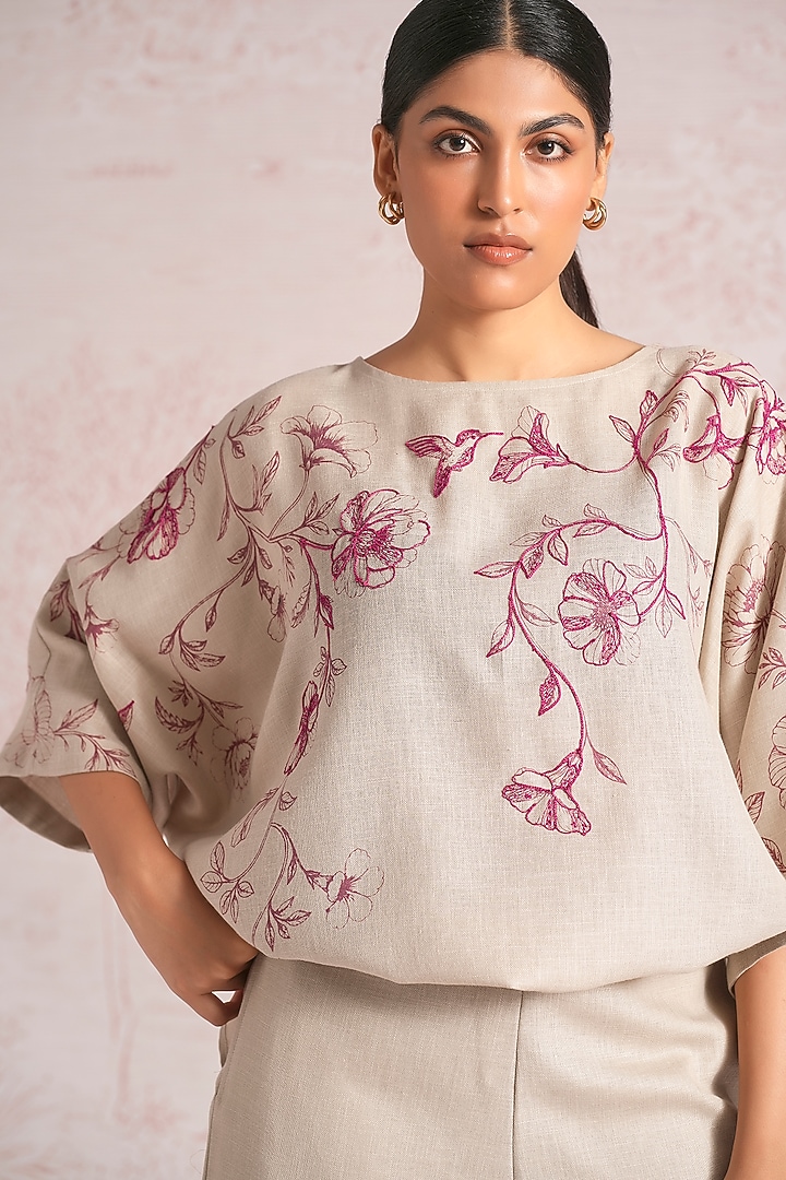 Natural Beige Linen Blend Floral Printed Tie-Up Top by Kaveri at Pernia's Pop Up Shop