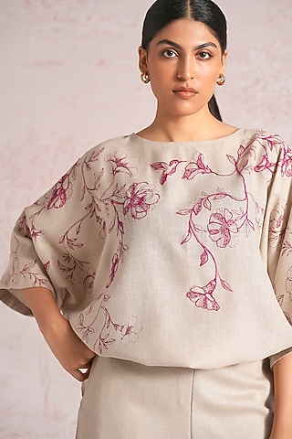 Natural Beige Linen Blend Floral Printed Tie-Up Top by Kaveri