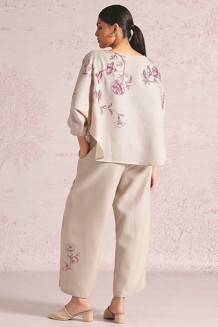 Natural Beige Linen Blend Floral Printed Tie-Up Top by Kaveri at Pernia's Pop Up Shop