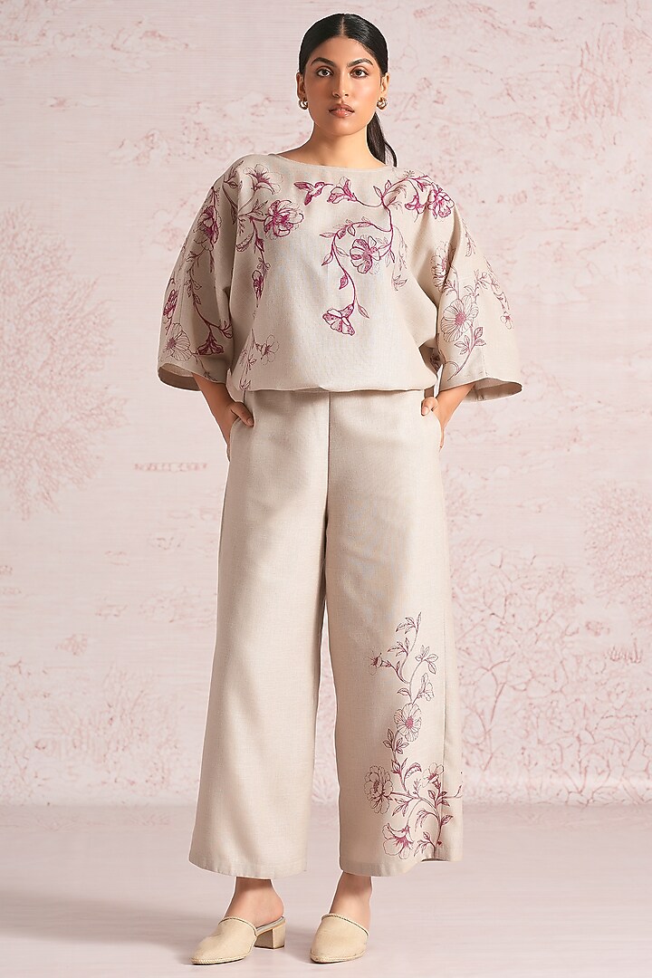 Natural Beige Linen Blend Floral Printed Tie-Up Top by Kaveri at Pernia's Pop Up Shop