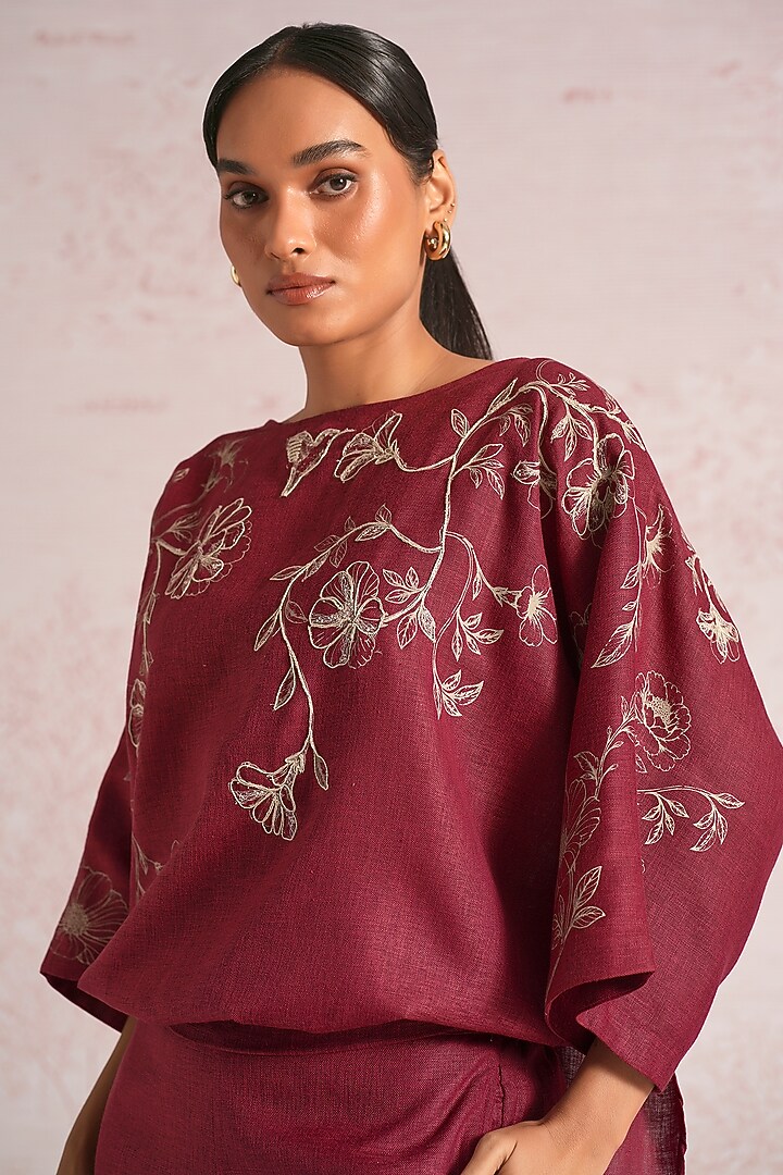 Merlot Linen Blend Floral Printed Tie-Up Top by Kaveri at Pernia's Pop Up Shop