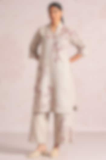 Natural Beige Linen Blend Floral Printed Kurta Set by Kaveri at Pernia's Pop Up Shop