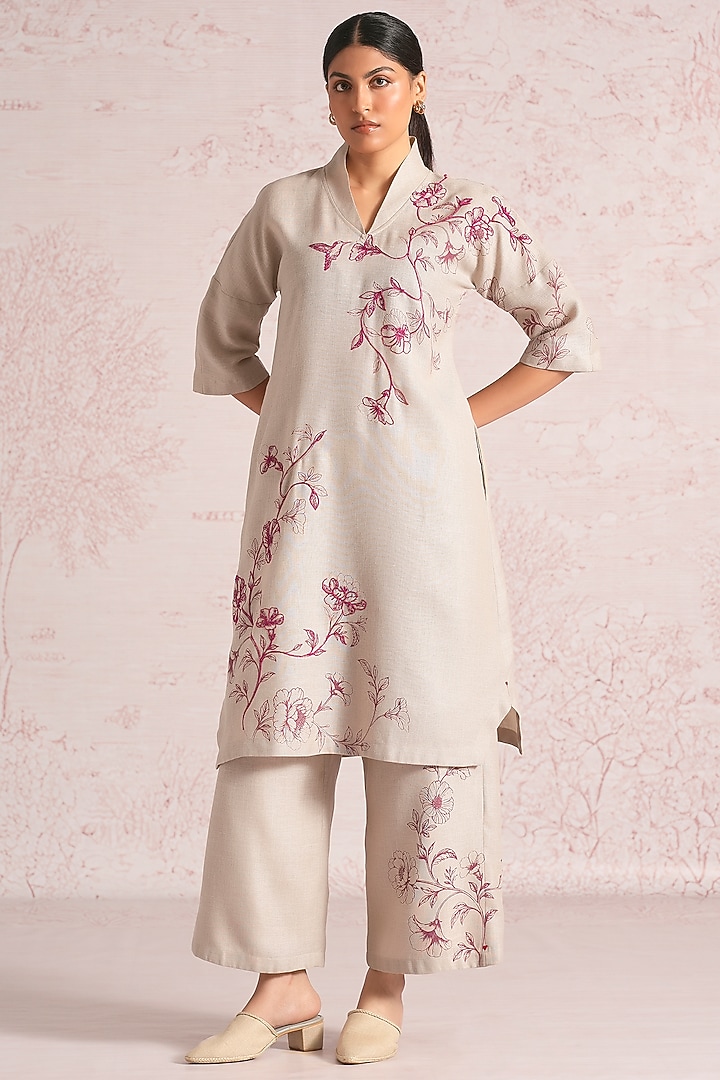 Natural Beige Linen Blend Floral Printed Kurta Set by Kaveri at Pernia's Pop Up Shop