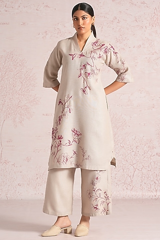 Natural Beige Linen Blend Floral Printed Kurta Set by Kaveri