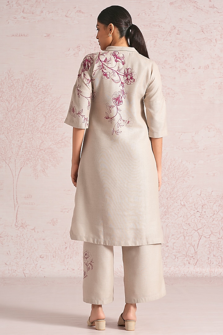 Natural Beige Linen Blend Floral Printed Kurta Set by Kaveri at Pernia's Pop Up Shop