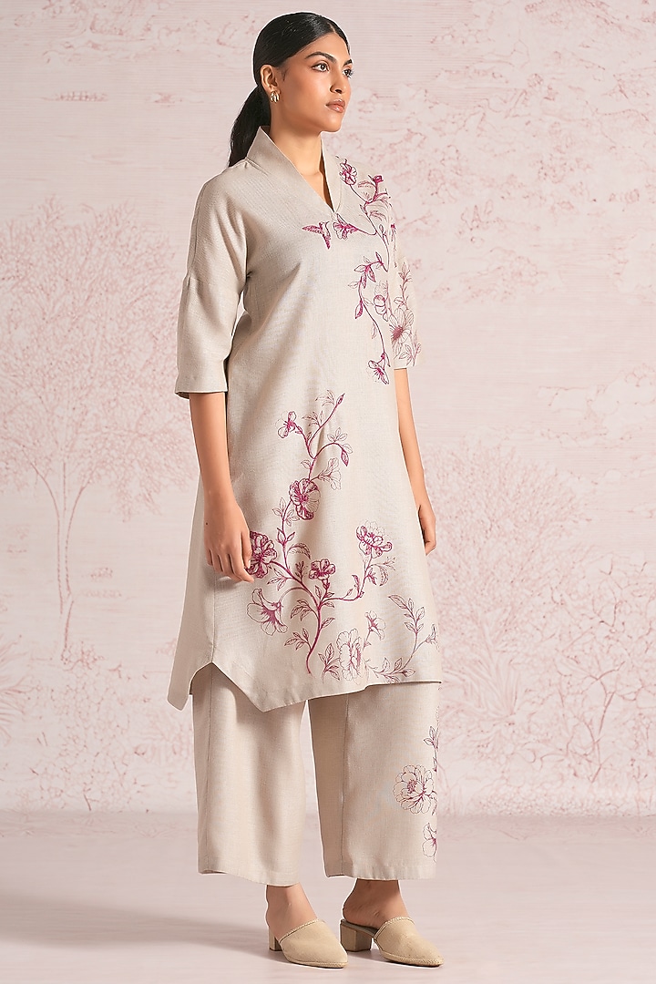 Natural Beige Linen Blend Floral Printed Kurta Set by Kaveri at Pernia's Pop Up Shop