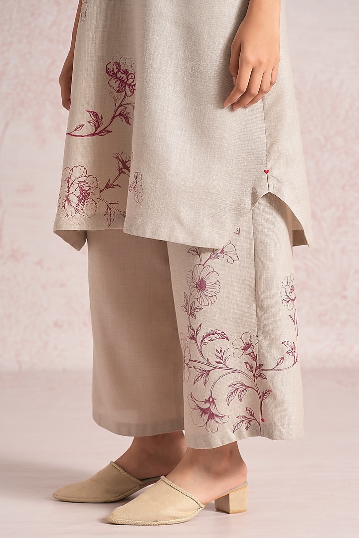 Natural Beige Linen Blend Floral Printed Kurta Set by Kaveri at Pernia's Pop Up Shop