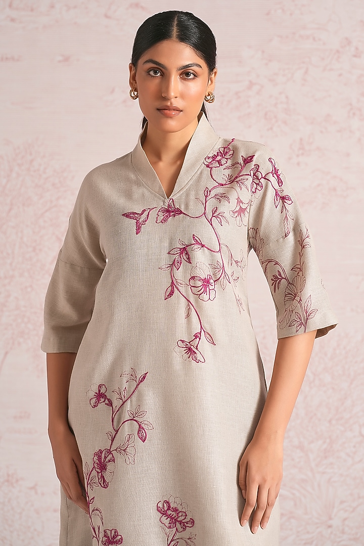 Natural Beige Linen Blend Floral Printed Kurta Set by Kaveri at Pernia's Pop Up Shop