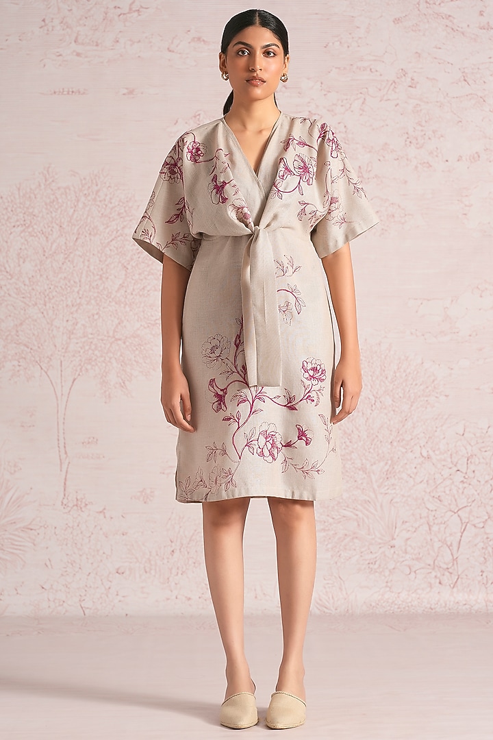 Natural Beige Linen Blend Floral Printed Summer Dress by Kaveri at Pernia's Pop Up Shop