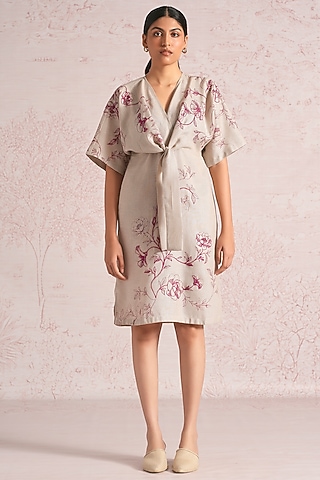 Natural Beige Linen Blend Floral Printed Dress by Kaveri
