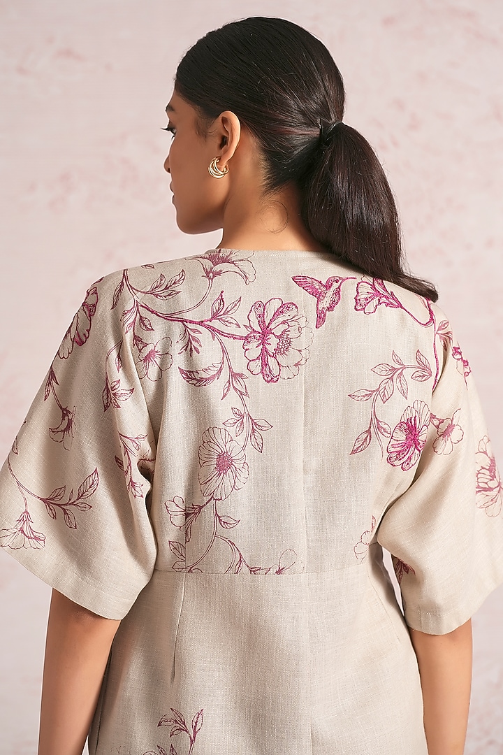 Natural Beige Linen Blend Floral Printed Summer Dress by Kaveri at Pernia's Pop Up Shop