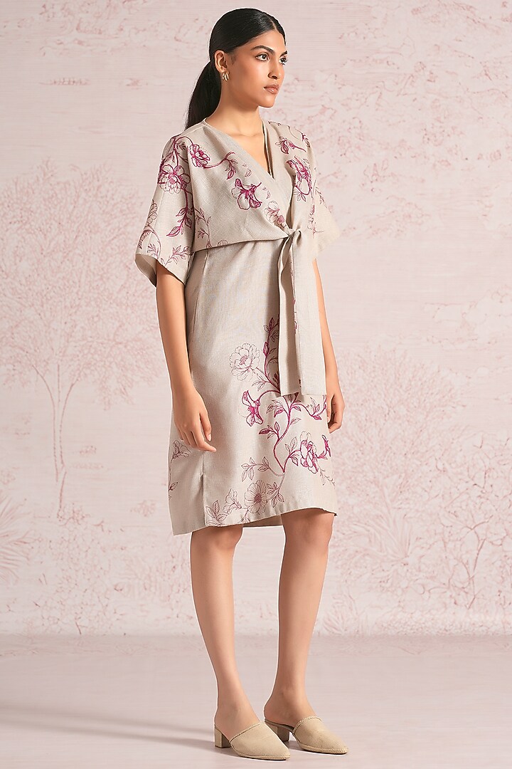 Natural Beige Linen Blend Floral Printed Summer Dress by Kaveri at Pernia's Pop Up Shop