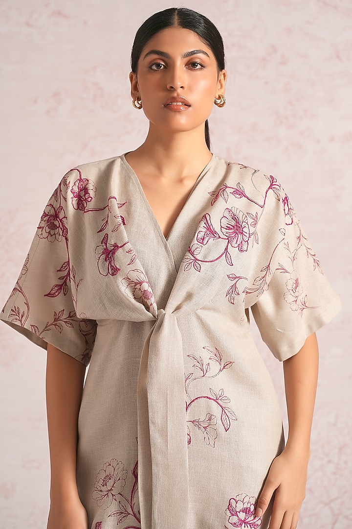 Natural Beige Linen Blend Floral Printed Summer Dress by Kaveri at Pernia's Pop Up Shop