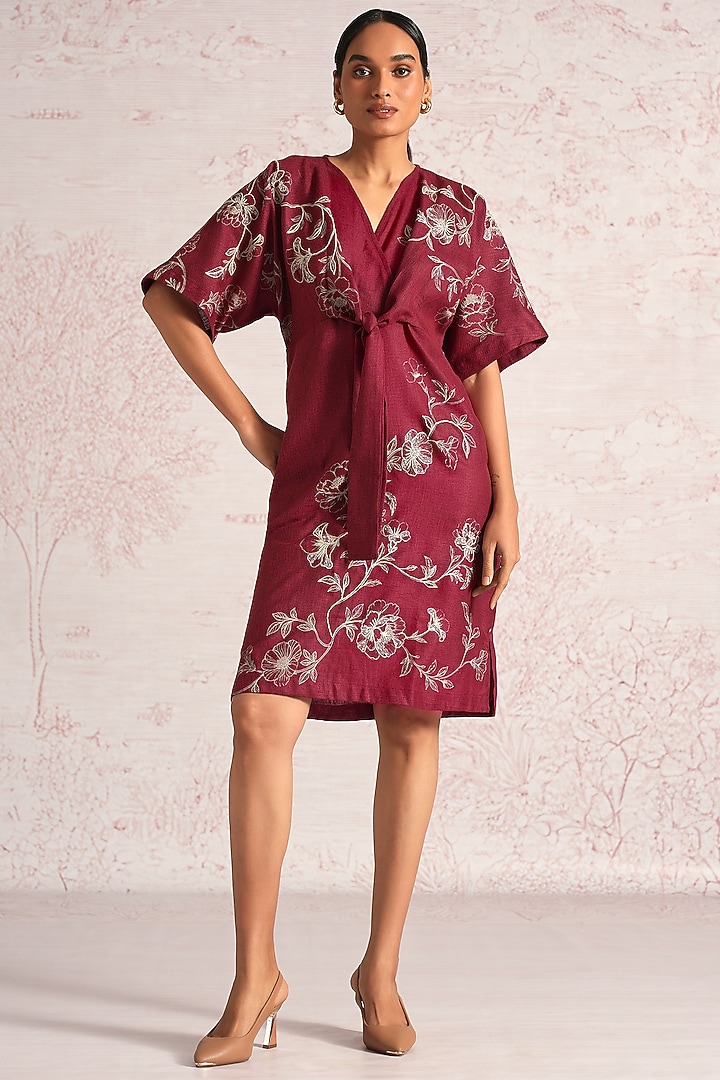 Merlot Linen Blend Floral Printed Summer Dress by Kaveri at Pernia's Pop Up Shop
