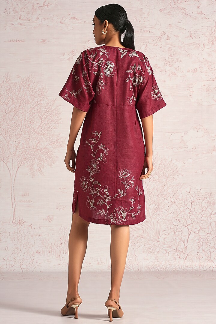 Merlot Linen Blend Floral Printed Summer Dress by Kaveri at Pernia's Pop Up Shop