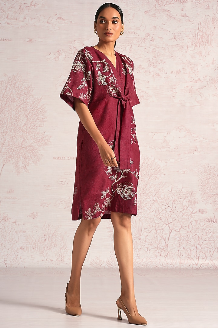 Merlot Linen Blend Floral Printed Summer Dress by Kaveri at Pernia's Pop Up Shop