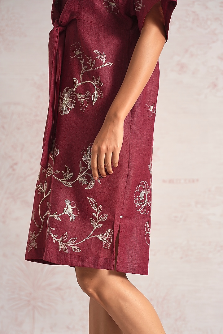 Merlot Linen Blend Floral Printed Summer Dress by Kaveri at Pernia's Pop Up Shop