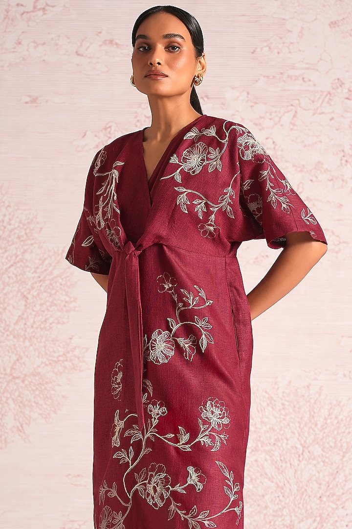 Merlot Linen Blend Floral Printed Summer Dress by Kaveri at Pernia's Pop Up Shop