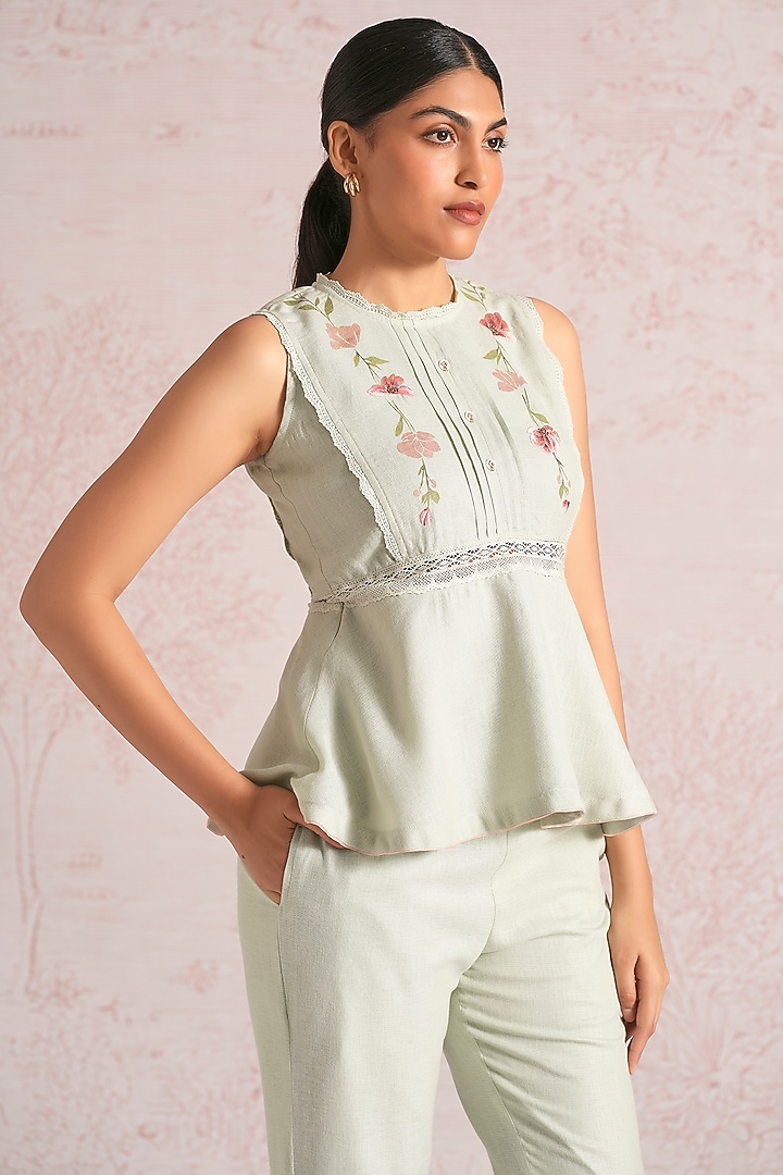Bonny Green Linen Blend Floral Printed Peplum Top by Kaveri at Pernia's Pop Up Shop