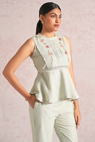 Bonny Green Linen Blend Floral Printed Peplum Top by Kaveri