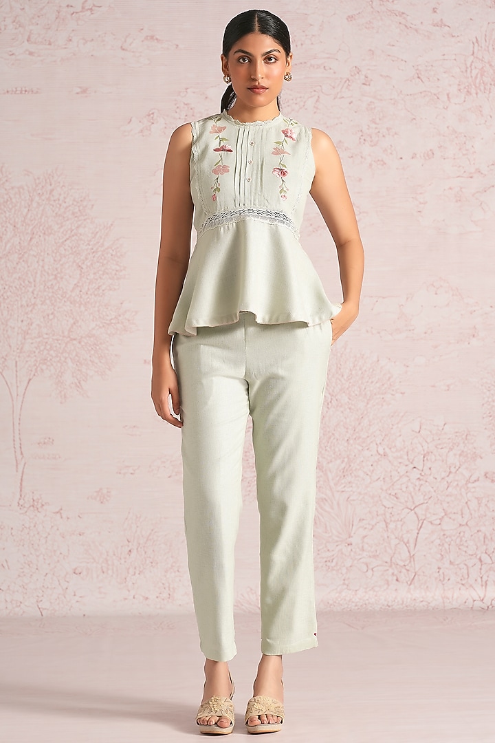 Bonny Green Linen Blend Floral Printed Peplum Top by Kaveri at Pernia's Pop Up Shop