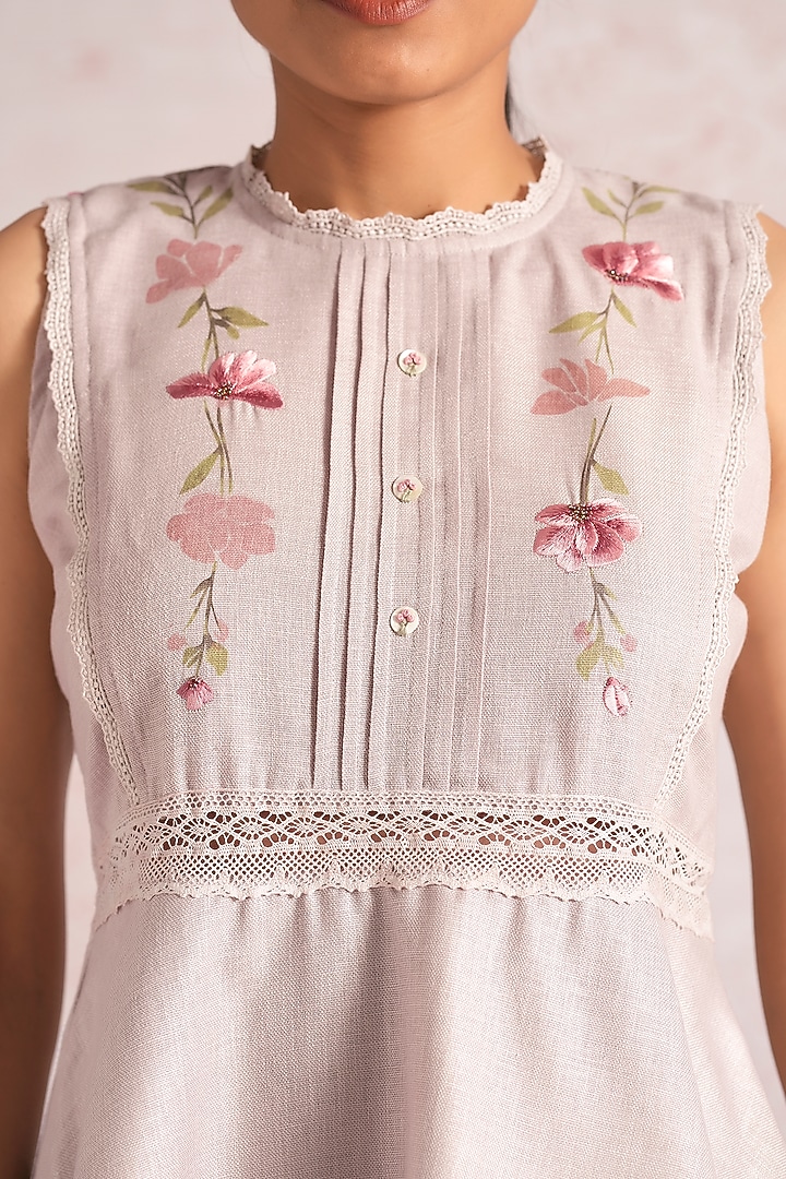 Mauve Linen Blend Floral Printed Peplum Top by Kaveri at Pernia's Pop Up Shop