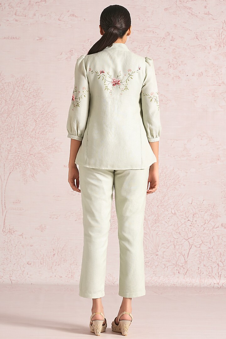 Bonny Green Linen Blend Floral Printed Co-Ord Set by Kaveri at Pernia's Pop Up Shop