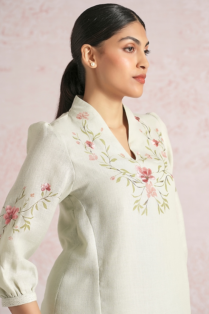 Bonny Green Linen Blend Floral Printed Co-Ord Set by Kaveri at Pernia's Pop Up Shop