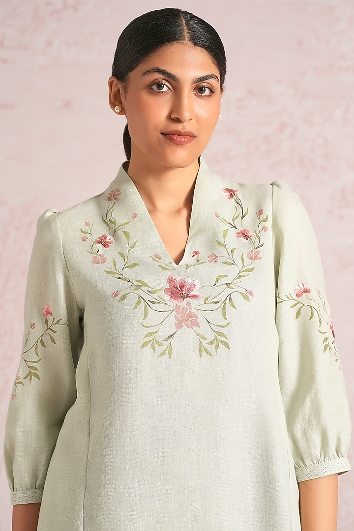 Bonny Green Linen Blend Floral Printed Co-Ord Set by Kaveri at Pernia's Pop Up Shop
