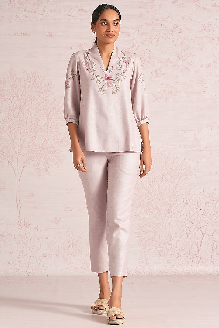 Mauve Linen Blend Floral Printed Co-Ord Set by Kaveri at Pernia's Pop Up Shop