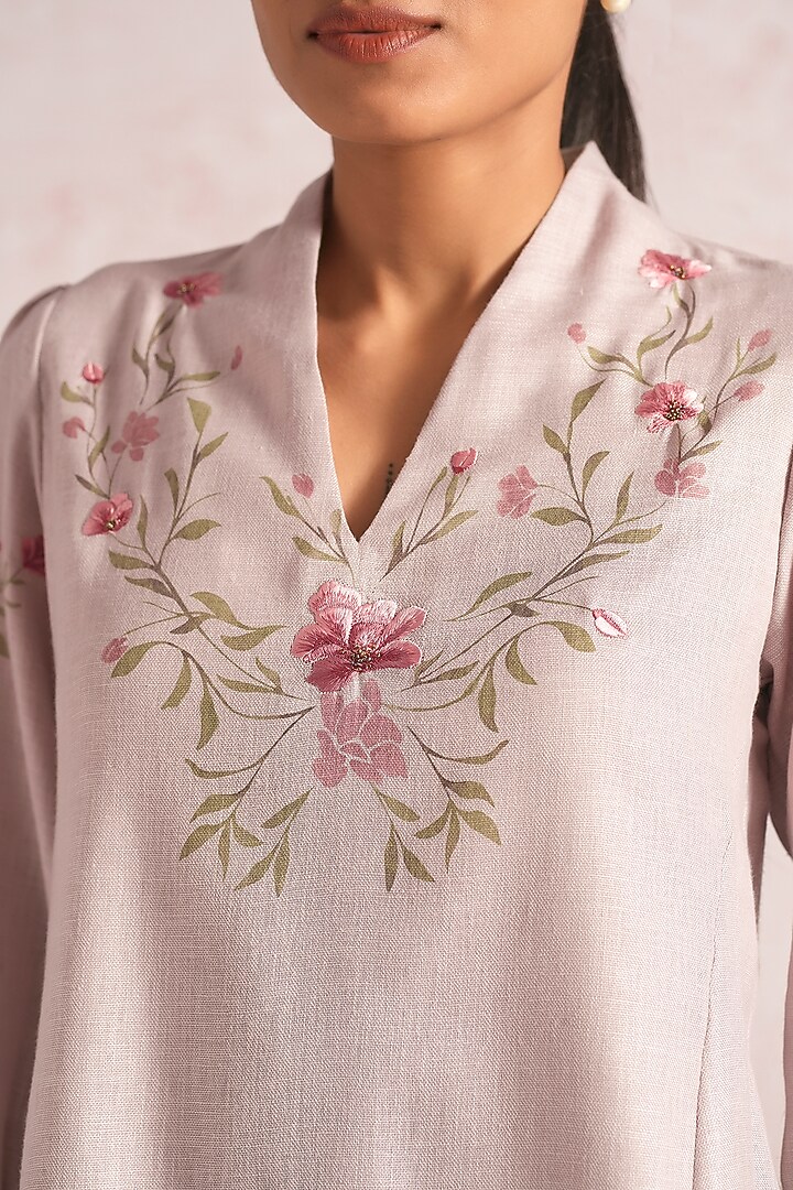 Mauve Linen Blend Floral Printed Co-Ord Set by Kaveri at Pernia's Pop Up Shop