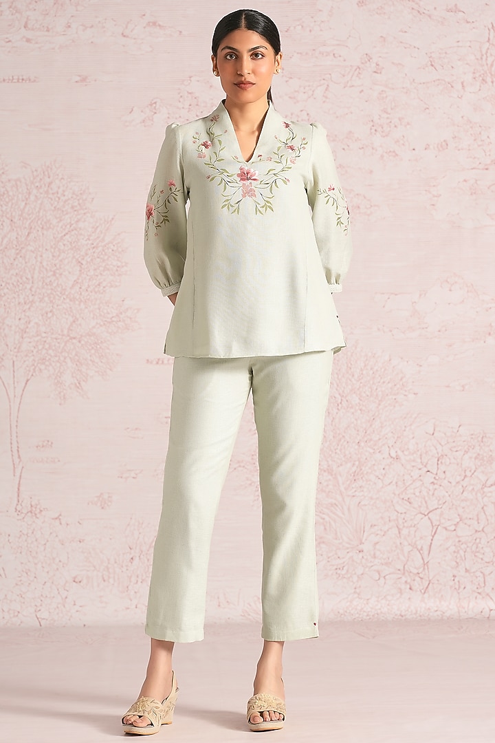 Bonny Green Linen Blend Floral Printed Top by Kaveri at Pernia's Pop Up Shop