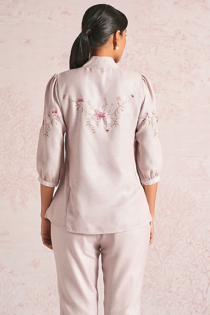 Mauve Linen Blend Floral Printed Top by Kaveri at Pernia's Pop Up Shop