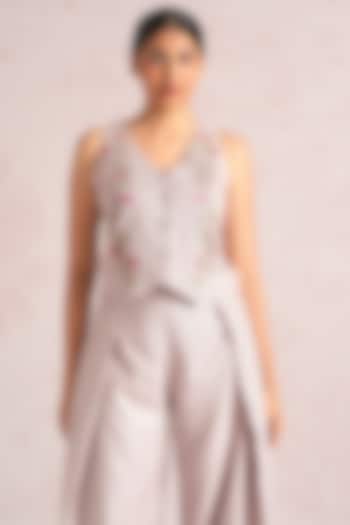 Mauve Linen Blend Floral Printed Waistcoat by Kaveri at Pernia's Pop Up Shop