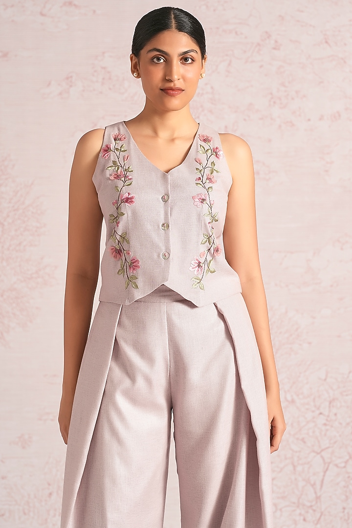 Mauve Linen Blend Floral Printed Waistcoat by Kaveri at Pernia's Pop Up Shop