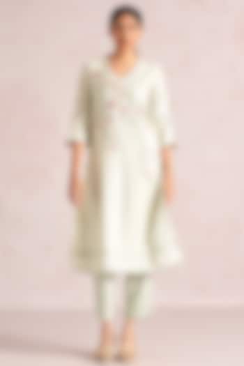 Bonny Green Linen Blend Floral Printed Kurta Set by Kaveri at Pernia's Pop Up Shop