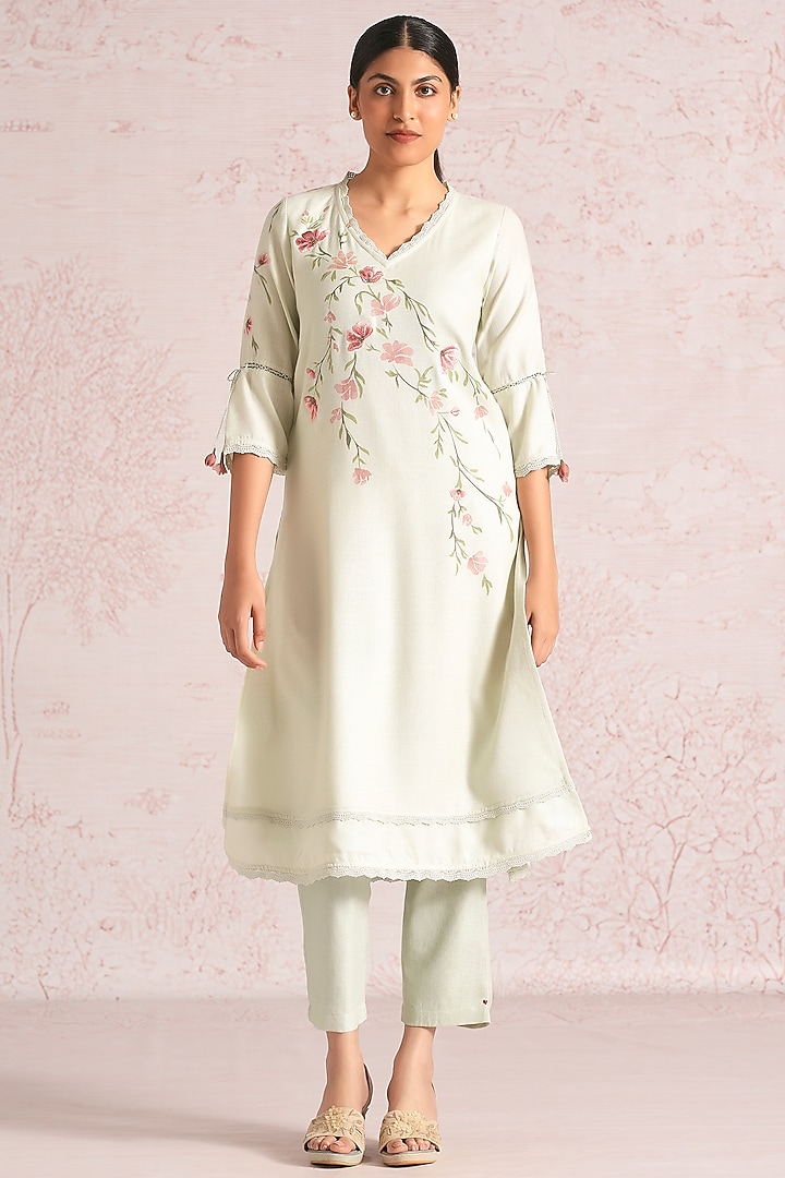Bonny Green Linen Blend Floral Printed Kurta Set by Kaveri at Pernia's Pop Up Shop