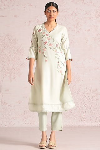 Bonny Green Linen Blend Floral Printed Kurta Set by Kaveri
