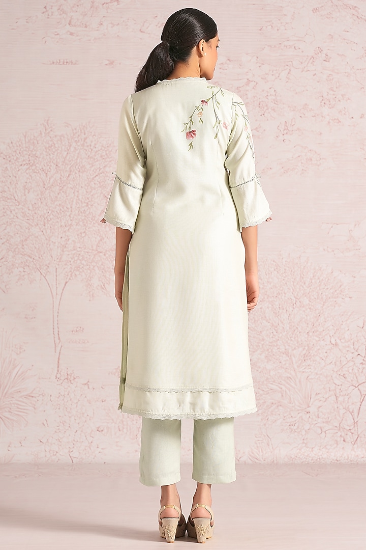 Bonny Green Linen Blend Floral Printed Kurta Set by Kaveri at Pernia's Pop Up Shop
