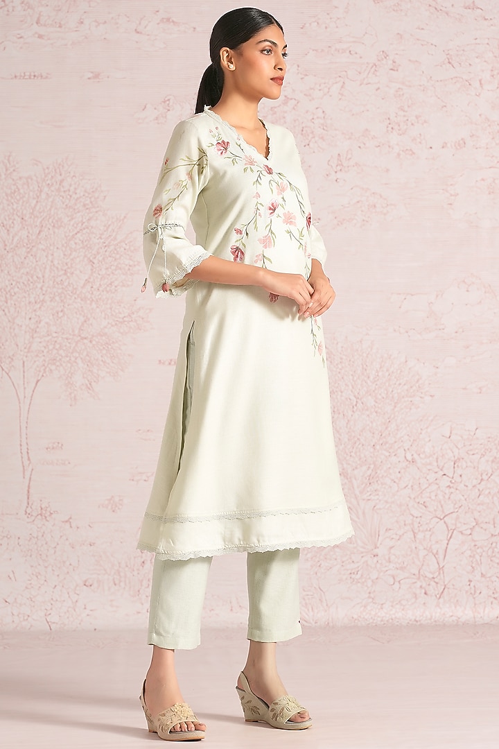 Bonny Green Linen Blend Floral Printed Kurta Set by Kaveri at Pernia's Pop Up Shop