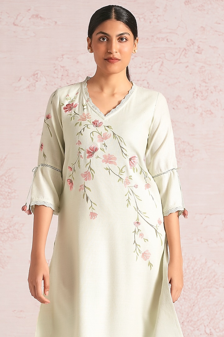 Bonny Green Linen Blend Floral Printed Kurta Set by Kaveri at Pernia's Pop Up Shop