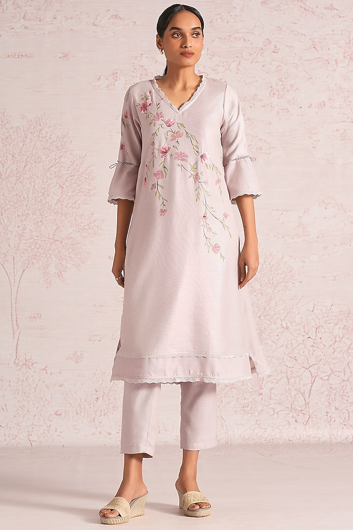 Mauve Linen Blend Floral Printed Kurta Set by Kaveri at Pernia's Pop Up Shop