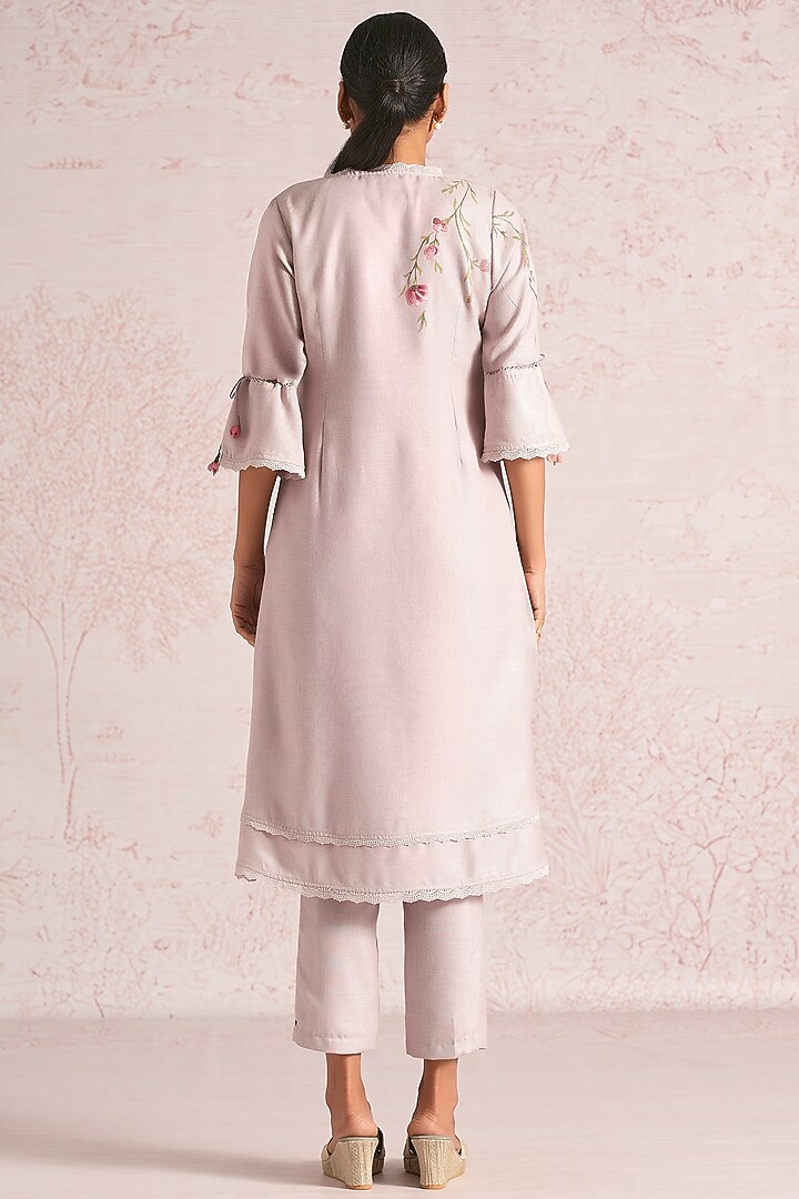 Mauve Linen Blend Floral Printed Kurta Set by Kaveri at Pernia's Pop Up Shop