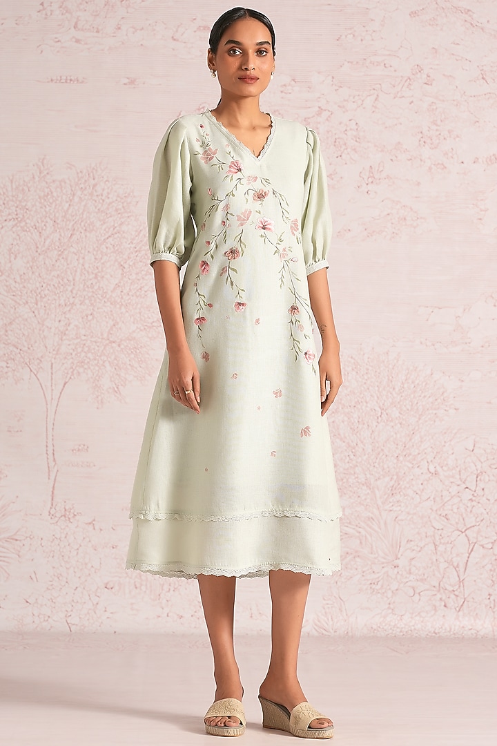 Bonny Green Linen Blend Floral Printed Midi Summer Dress by Kaveri at Pernia's Pop Up Shop