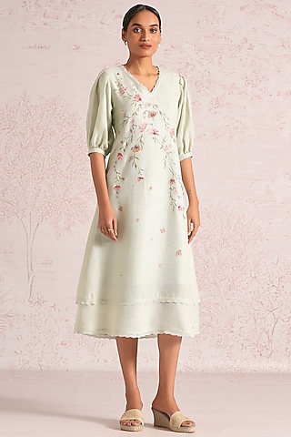 Bonny Green Linen Blend Floral Printed Midi Dress by Kaveri