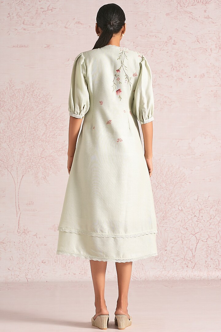 Bonny Green Linen Blend Floral Printed Midi Summer Dress by Kaveri at Pernia's Pop Up Shop