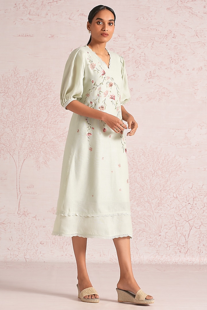 Bonny Green Linen Blend Floral Printed Midi Summer Dress by Kaveri at Pernia's Pop Up Shop