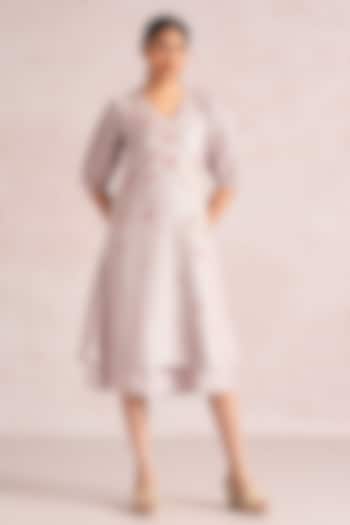 Mauve Linen Blend Floral Printed & Embroidered Midi Summer Dress by Kaveri at Pernia's Pop Up Shop