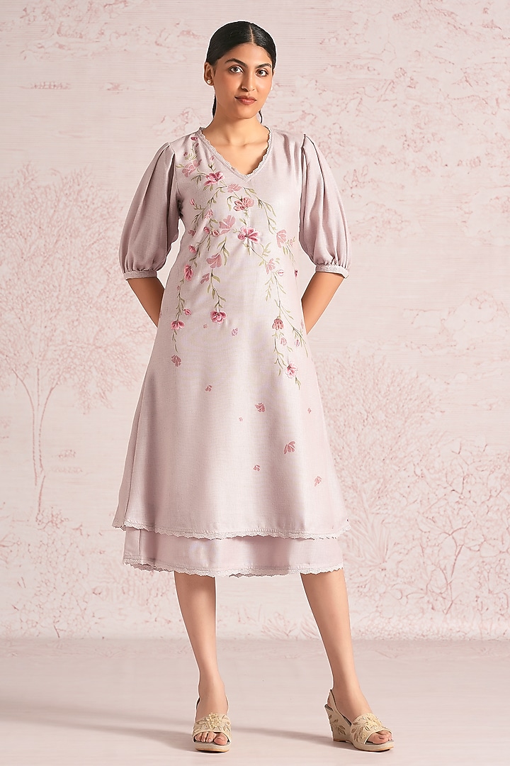 Mauve Linen Blend Floral Printed & Embroidered Midi Summer Dress by Kaveri at Pernia's Pop Up Shop